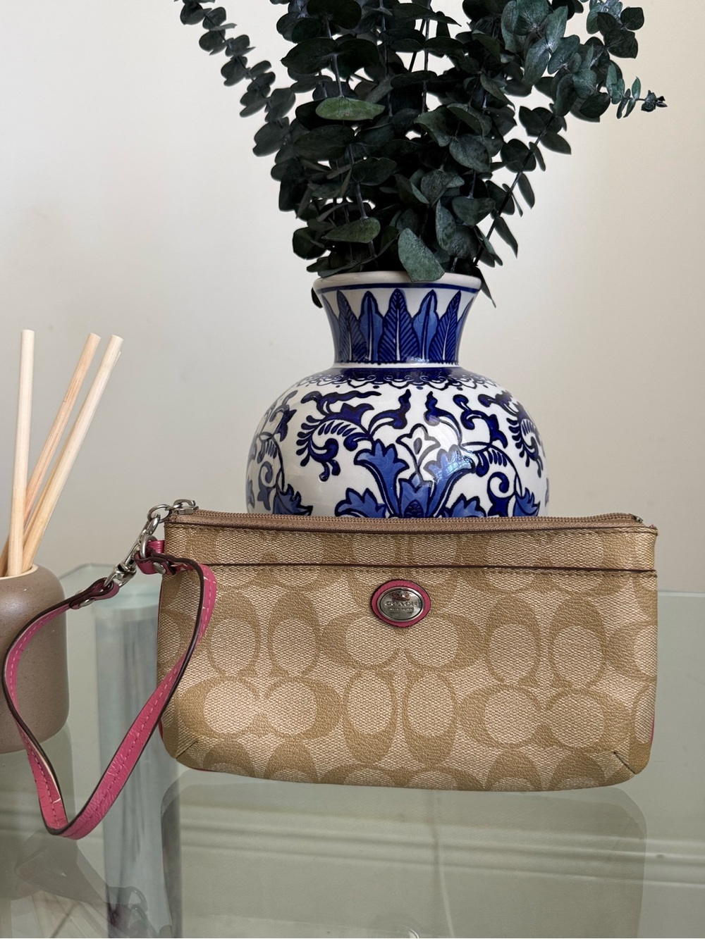Coach Khaki Signature Canvas Wristlet with Pink Trim